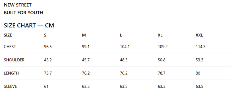 Size Chart CM for Casual Checks Grey