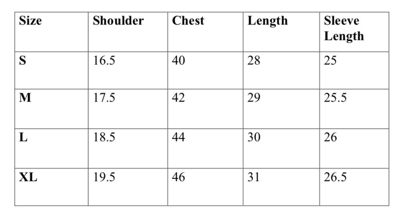 Size Chart Inch for Muted Blue Brushed Cotton Shirt