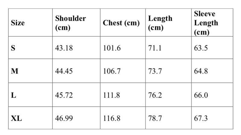 Size Chart CM for Midnight Black Stripe – Half Sleeve