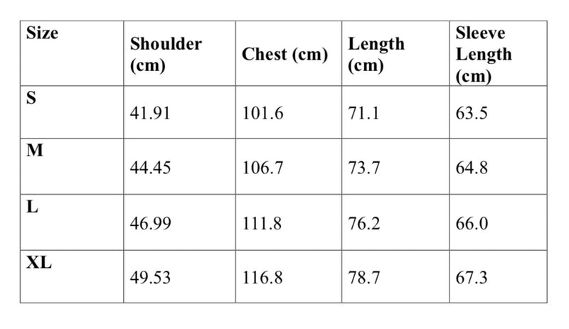 Size Chart CM for Muted Blue Brushed Cotton Shirt