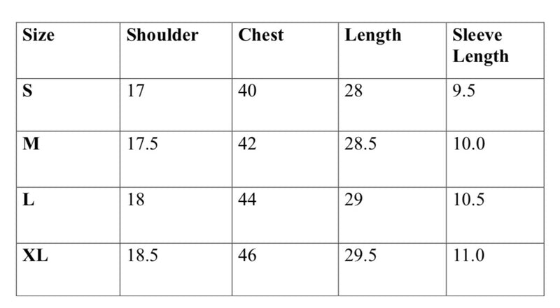Size Chart Inch for Midnight Black Stripe – Half Sleeve